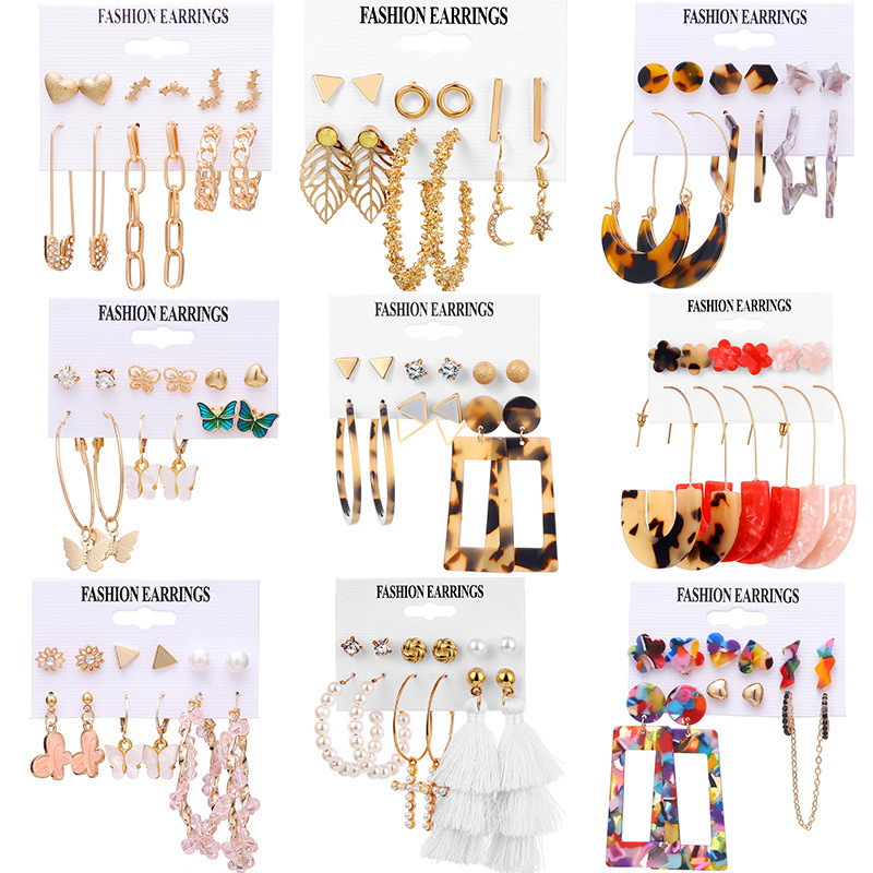 New Korean Fashion Cross-Border Earring Set Fashionable Simple Retro Acrylic Tassel Pearl Earring Set