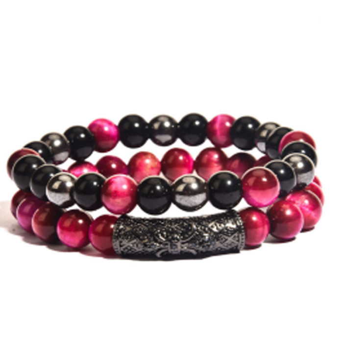European and American Cross-Border Tiger Eye Stone Copper Micro-Inlaid Elastic Bracelet Black Matte Zircon Ball Punk Style Bracelet Two-Piece Set Wholesale