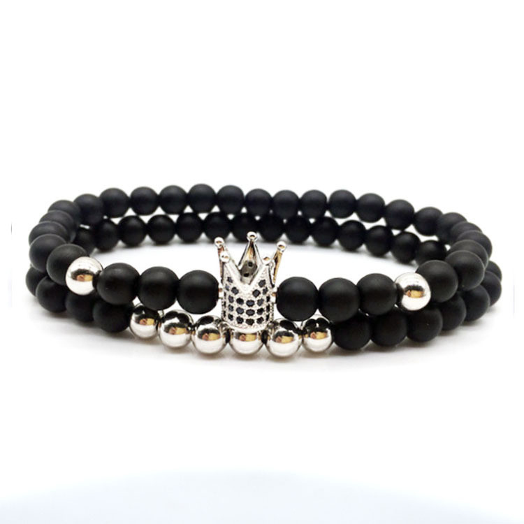 European and American New Style 6mm Black Matte Copper Bead Bracelet Micro Inlaid Zircon Crown Bracelet Couple Bracelet Factory Direct Sale