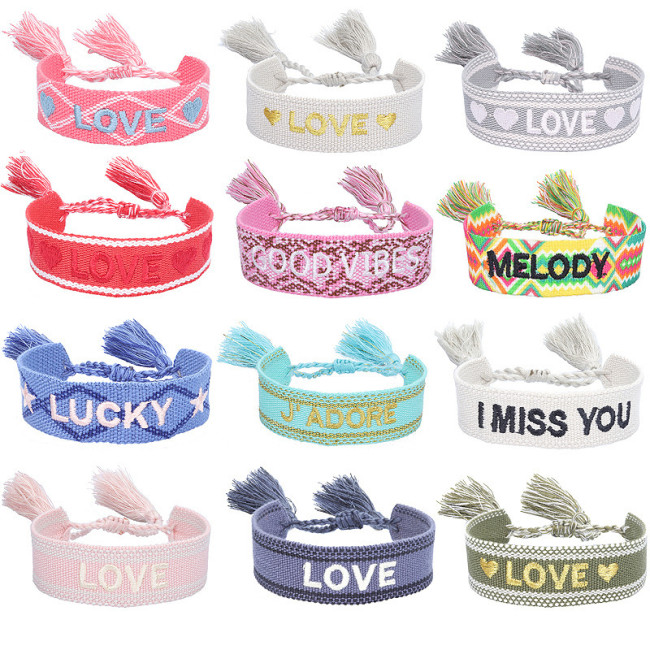 European and American Style Woven Couple Bracelets with Letter Embroidery, Tassel Wristbands, LOGO Fashionable Men's and Women's Woven Bracelets