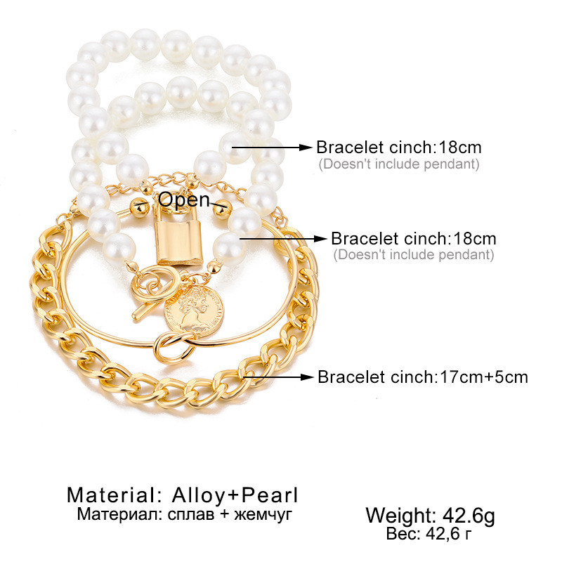 Exaggerated Punk Street Style Relief Portrait Imitation Pearl Lock 4-Piece Set Unisex Couple Bracelets