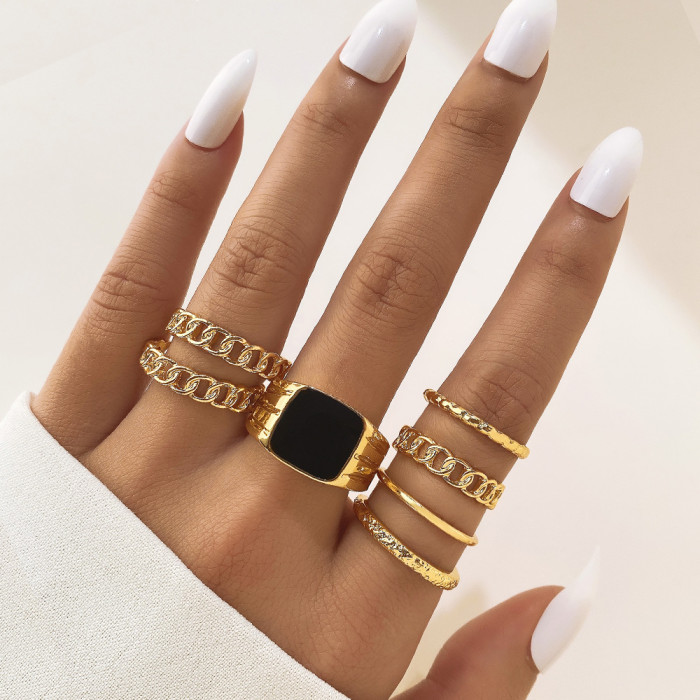Cross-Border New Fashion Creative Flower Alloy Joint Ring Set Geometric Plain Ring Multi-Piece Set for Women