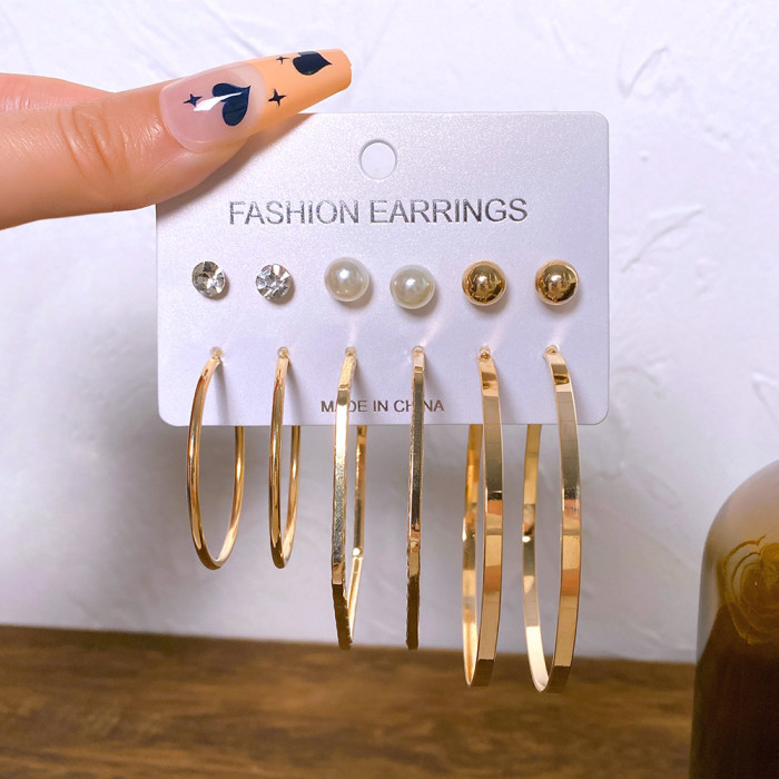 New Metal Hoop Earrings Set 6 Pieces Vintage Pearl Diamond Hoop Earrings European and American High-end Earrings with a Sense of Sophistication