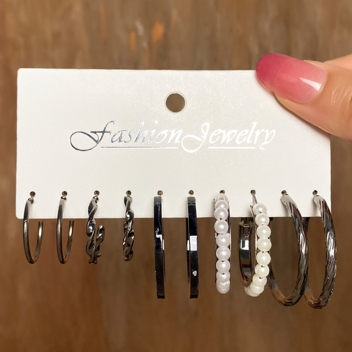 European and American Cross-Border Inlaid Pearl Women's Card Earrings Creative French Retro Gold Hoop Earrings Set of 6