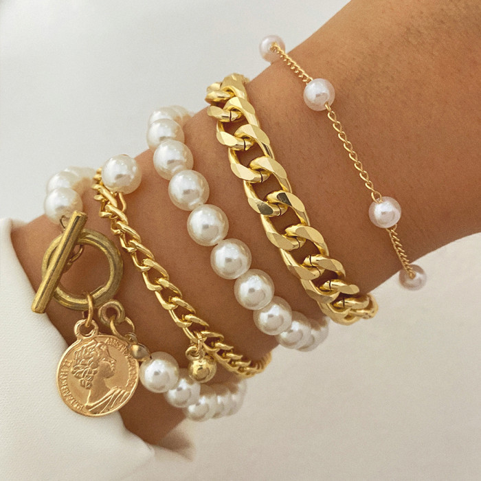 Amazon Hot-Selling Ins Style Exaggerated Thick Chain Metal Chain Bracelet 4-Piece Set, Jewelry Sets