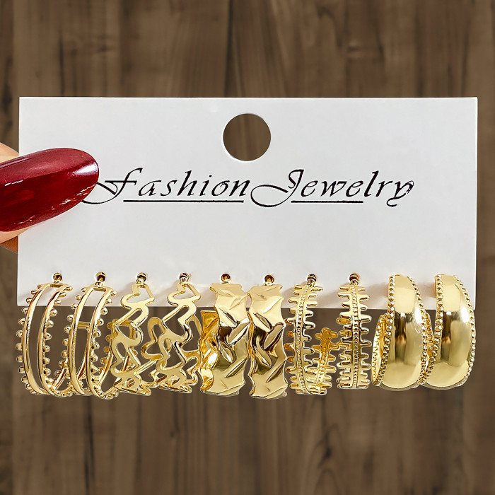 European and American Fashion Commuting Geometric Hammered Pattern Earrings 6-Piece Set Versatile Gold Stud Earrings Imitation Pearl Women's Earrings