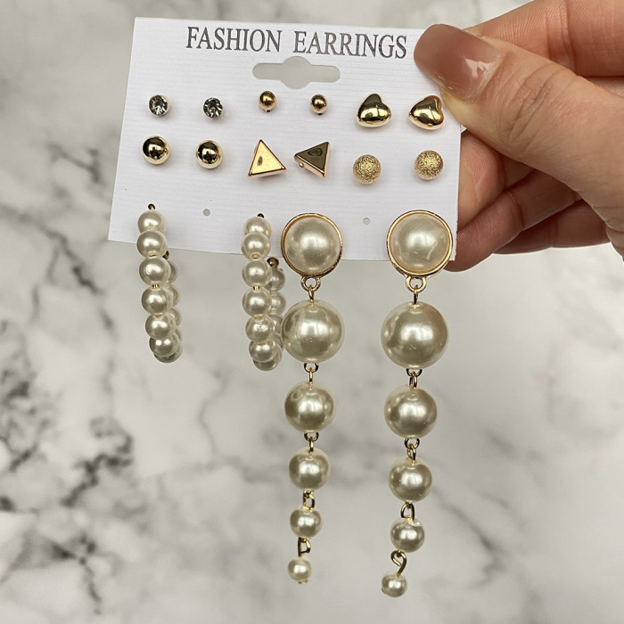 Korean Version New Elegant Simple Six-Piece Set Pearl Earrings Irregular Pearl Butterfly Stud Earrings for Women, Jew...
