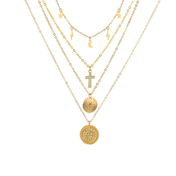 Geometric Fashion Angel Portrait Rose Flower Pendant Multi-Layer Women's Necklace Set Coin Necklace