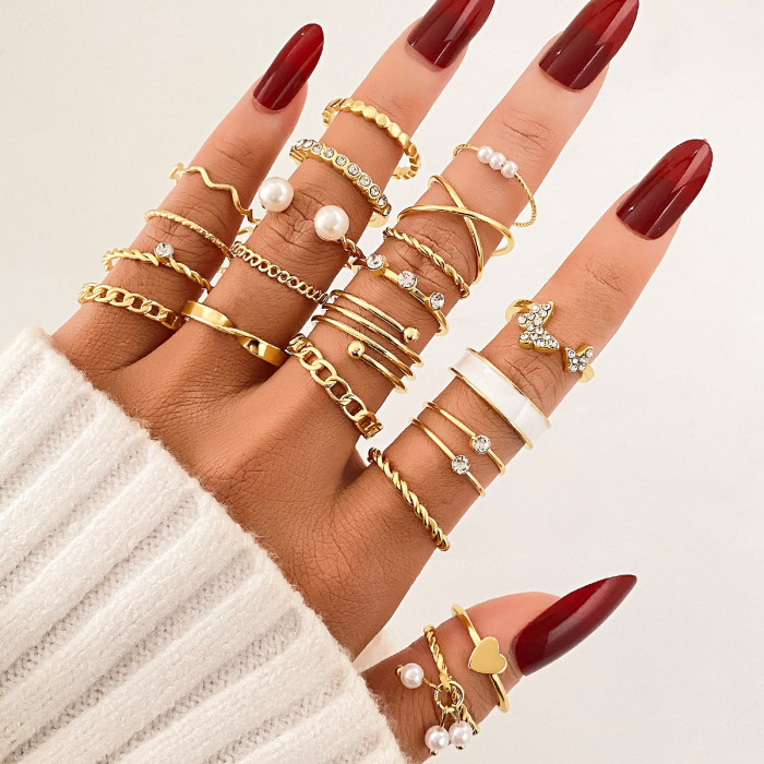 Electroplated Black Butterfly Inlaid Diamond Ring Mixed Batch Pearl Ring Women's Niche High-End Knuckle Ring 23-Piece...