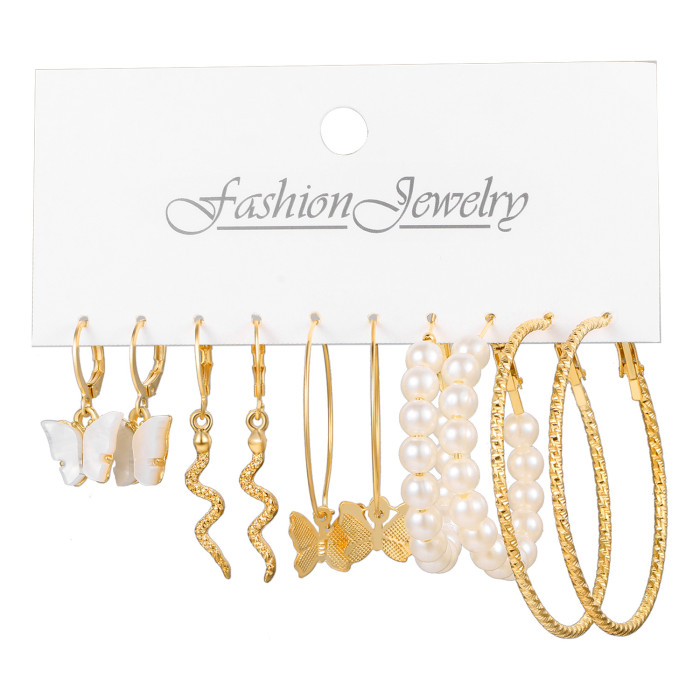 European and American Cross-Border Inlaid Pearl Women's Card Earrings Creative French Retro Gold Hoop Earrings Set of 6