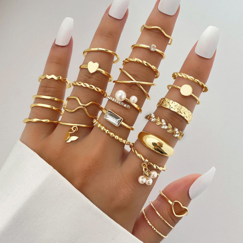 European and American Cross-Border New Style Wheat Spike Braided Pearl Pendant Ring 24-Piece Set High-End Fashion Commuter Ring Set