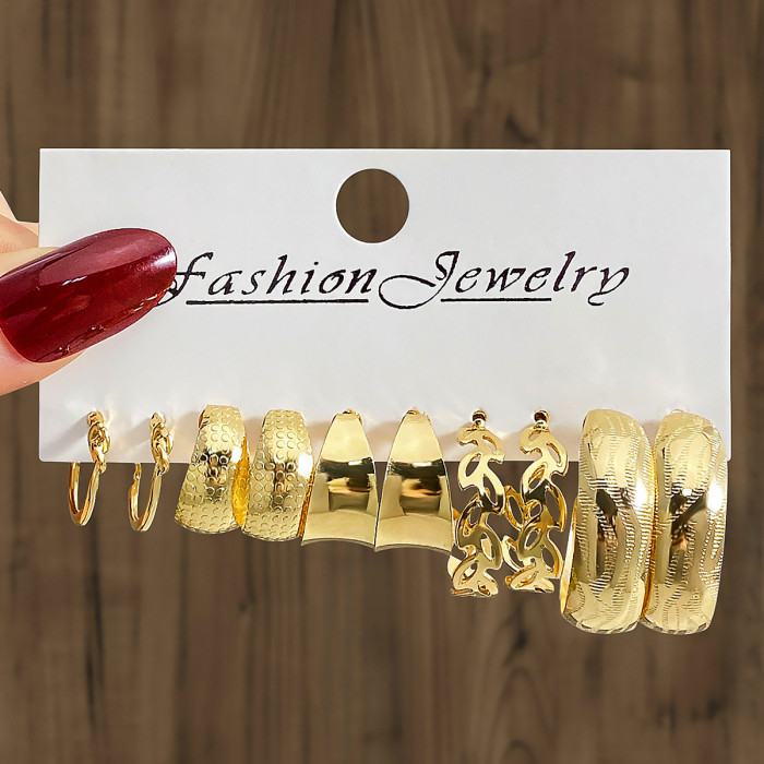European and American Fashion Commuting Geometric Hammered Pattern Earrings 6-Piece Set Versatile Gold Stud Earrings Imitation Pearl Women's Earrings