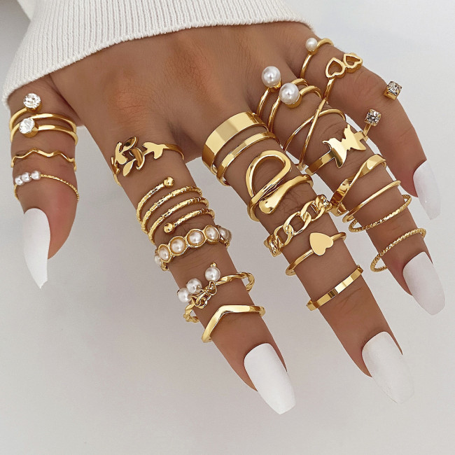 Cross-Border Hot Selling Diamond-Studded Spring Open Ring Multi-Joint Ring Set 22-Piece Hollow Heart Geometric Ring