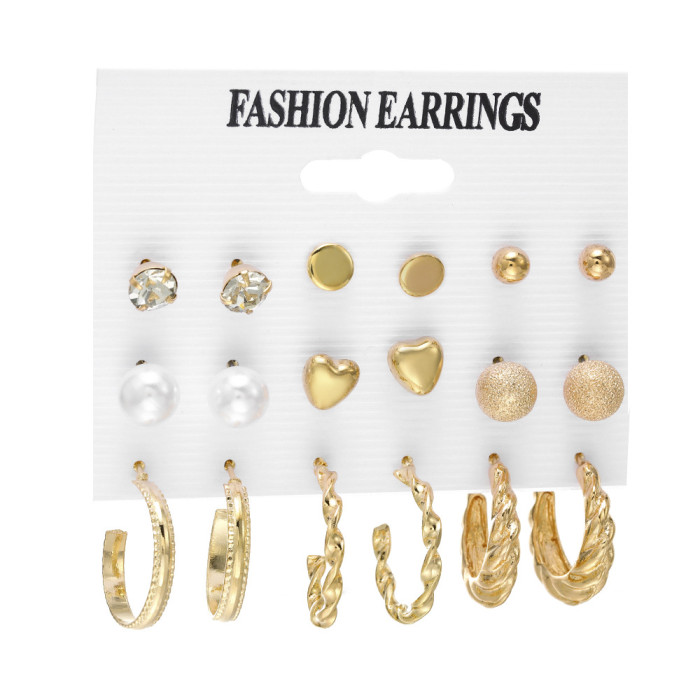 Korean Jewelry Cross-Border Large Hoop Earrings White Pearl Earring Set 6-Piece Set Geometric Star Rhinestone Metal Earrings