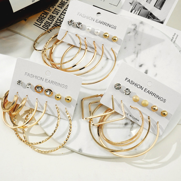 New Metal Hoop Earrings Set 6 Pieces Vintage Pearl Diamond Hoop Earrings European and American High-end Earrings with a Sense of Sophistication