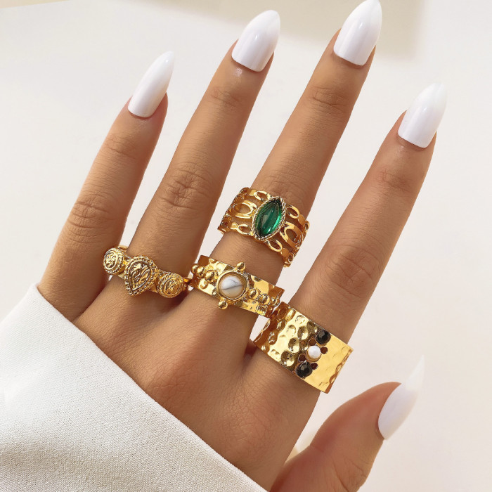 Cross-Border New Fashion Creative Flower Alloy Joint Ring Set Geometric Plain Ring Multi-Piece Set for Women