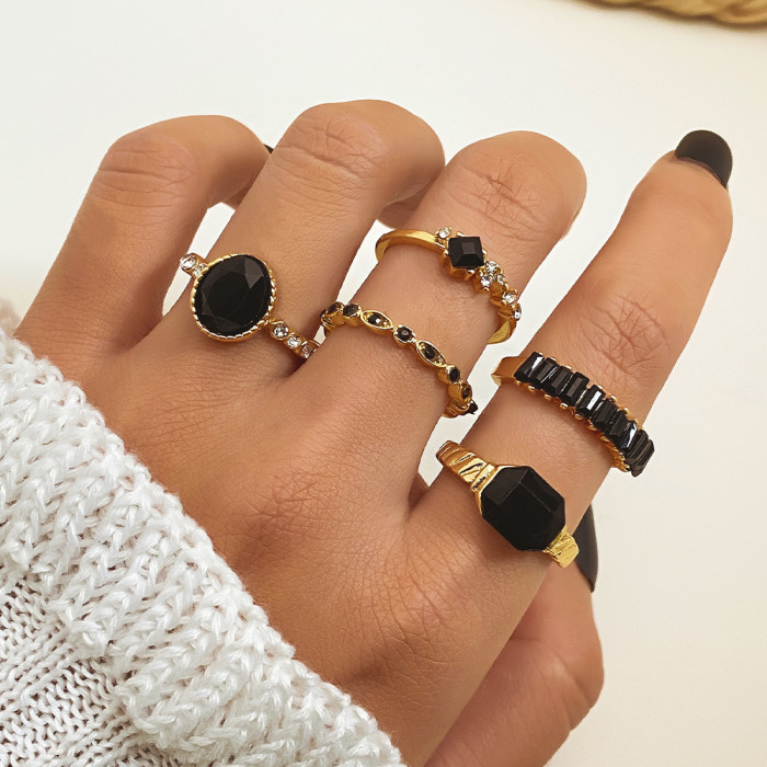 European and American Cross-Border Vintage Diamond-Studded Sapphire Crystal Ring 5-Piece Set Creative Versatile Oval Ring