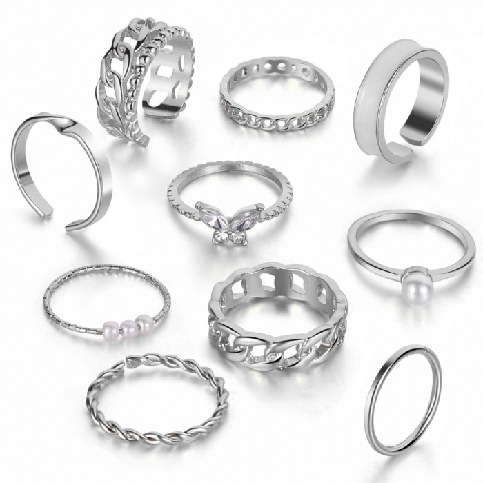 Cross-Border Hot-Selling Pearl Ring Fashionable Personality Butterfly Combination Ten-Piece Set Open Double Layer Chain Ring Wholesale