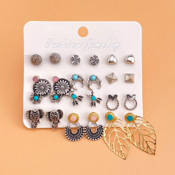 6-Piece Set of Vintage Metal Circle Chain Earrings with Card Holder, Fashion Pearl Butterfly Oil Drop Stud Earrings S...