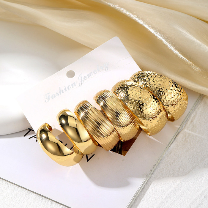 European and American Cross-Border New High-End Gold Personality Exaggerated Alloy Earrings Creative Round Circle Earrings Set 3-Piece Set