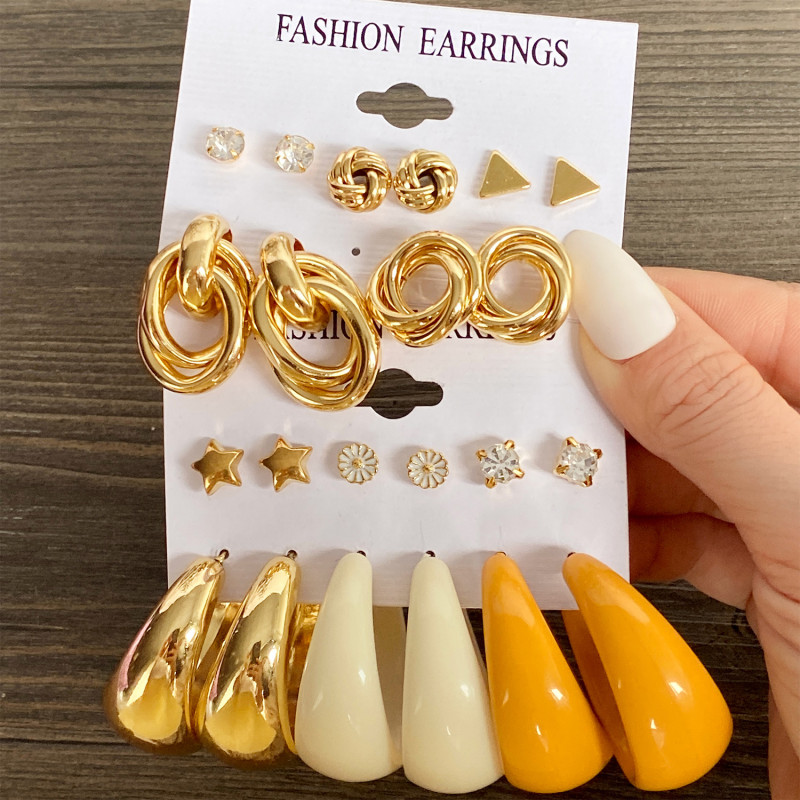 Cross-Border Hot-Selling Metal Twisted Chain Earrings Set Creative Simple Hoop Geometric Earrings