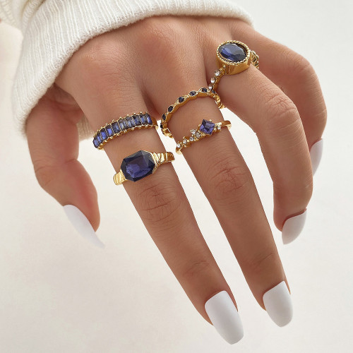 European and American Cross-Border Vintage Diamond-Studded Sapphire Crystal Ring 5-Piece Set Creative Versatile Oval Ring