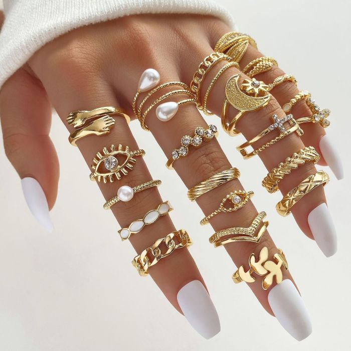 Cross-Border Hot Selling Diamond-Studded Eye Cross Leaf Ring Multi-Joint 23-Piece Set Pearl Sun Moon Ring