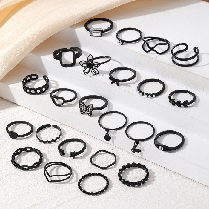 Electroplated Black Butterfly Inlaid Diamond Ring Mixed Batch Pearl Ring Women's Niche High-End Knuckle Ring 23-Piece...