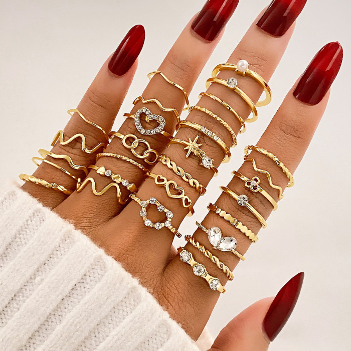 Electroplated Black Butterfly Inlaid Diamond Ring Mixed Batch Pearl Ring Women's Niche High-End Knuckle Ring 23-Piece...