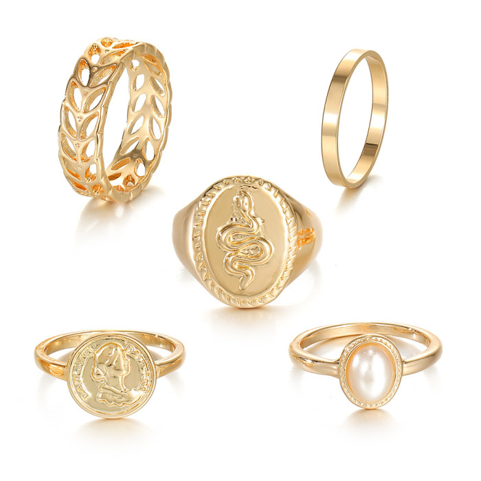 Cross-Border Hot-Selling Ring Fashion White Oil Drop Open Adjustable Inlaid Diamond Hollow Relief Portrait Combination 13-Piece Set