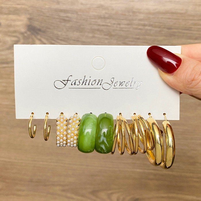 European and American Cross-Border Inlaid Pearl Women's Card Earrings Creative French Retro Gold Hoop Earrings Set of 6