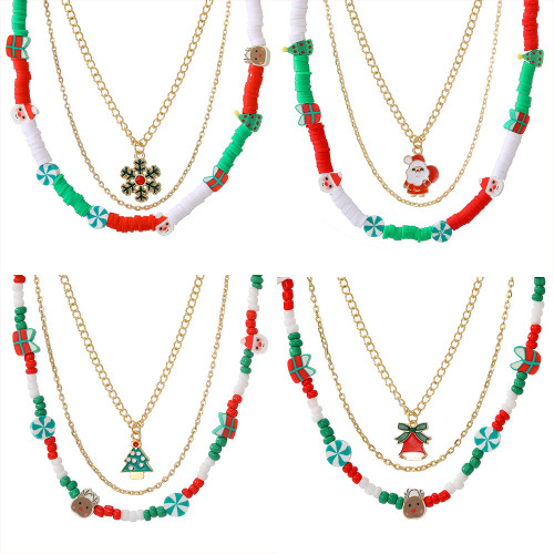 European and American Cross-Border New Christmas Jewelry Oil Drop Christmas Multi-Layer Necklace Bead Chain Mix and Match Personalized Necklaces Wholesale
