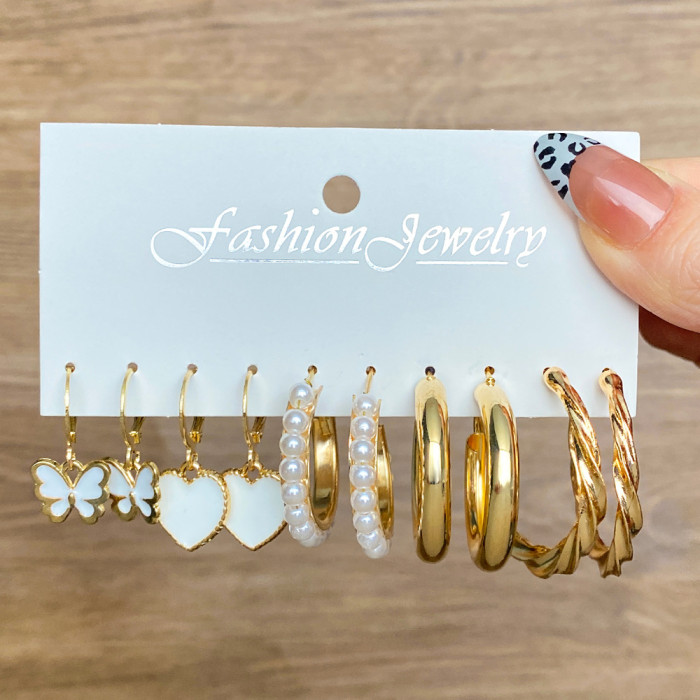 European and American Style Metal Hoop Earrings Square Geometric Earrings Vintage Pearl Earrings Hepburn Style Earring Set 5-Piece Set