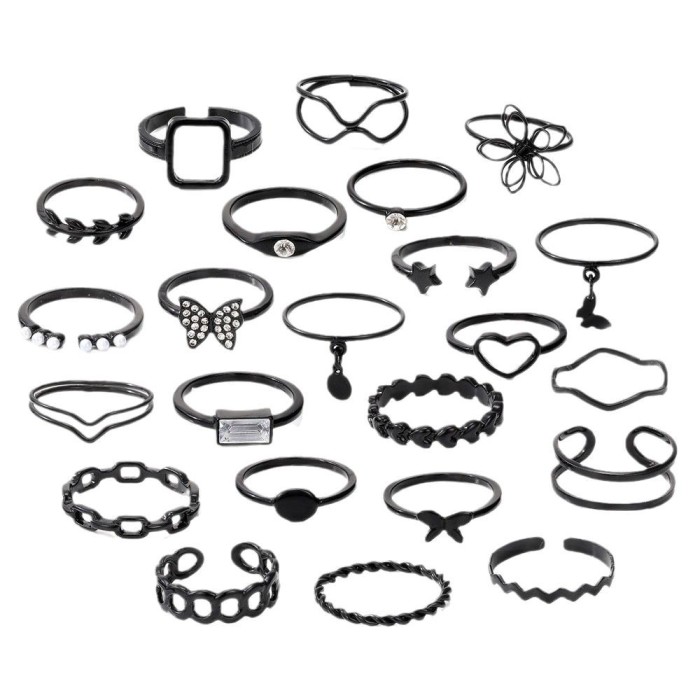 Electroplated Black Butterfly Inlaid Diamond Ring Mixed Batch Pearl Ring Women's Niche High-End Knuckle Ring 23-Piece...