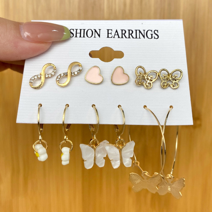 6-Piece Set of Vintage Metal Circle Chain Earrings with Card Holder, Fashion Pearl Butterfly Oil Drop Stud Earrings S...