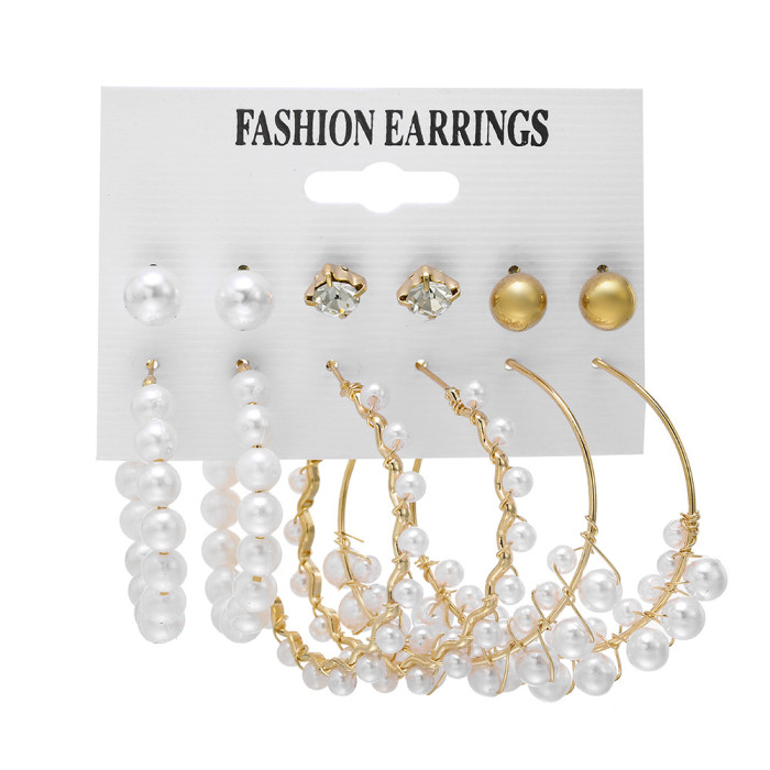 Korean Jewelry Cross-Border Large Hoop Earrings White Pearl Earring Set 6-Piece Set Geometric Star Rhinestone Metal Earrings