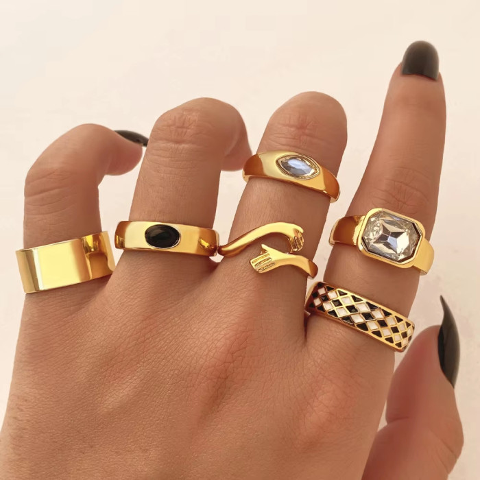 Vintage European and American Round Geometric Emerald Gemstone Colorful Natural Stone Metal Ring KC Gold Plated Ring Set