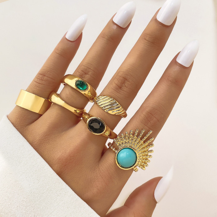 European and American New Style Gold Braided Knuckle Rings 5-Piece Set Retro Geometric Oval Inlaid Black Gemstone Metal Rings for Women