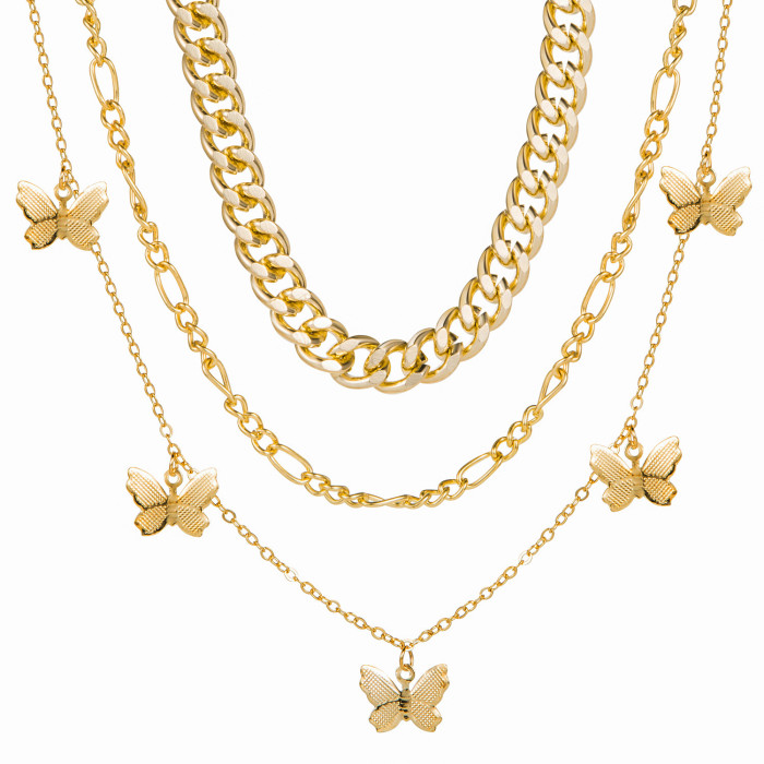 INS Multi-layer Metal Butterfly Necklace Fashion Thick Chain Necklace Internet Celebrity Same Style Collarbone Chain...