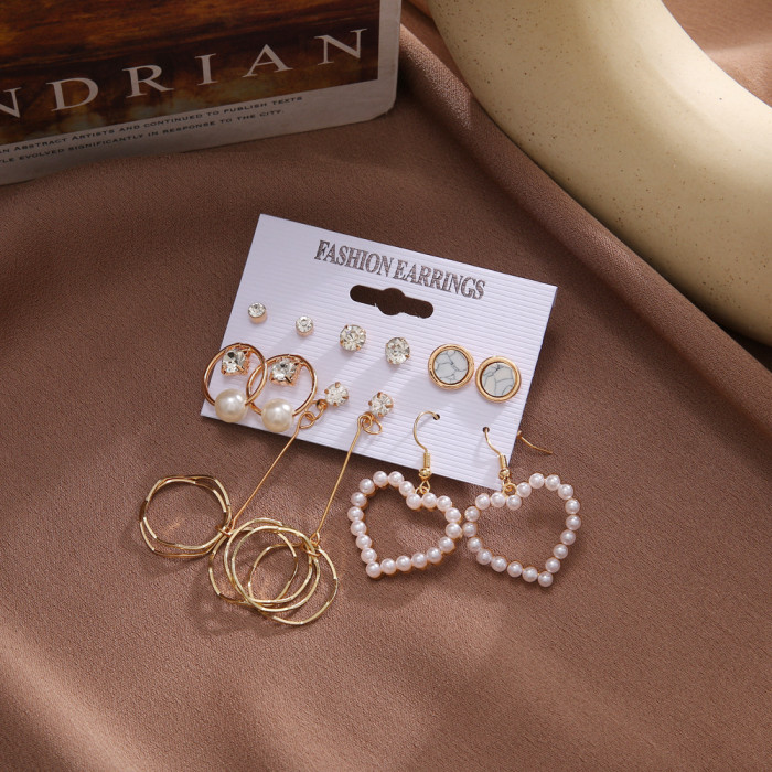 Korean Version New Elegant Simple Six-Piece Set Pearl Earrings Irregular Pearl Butterfly Stud Earrings for Women, Jew...