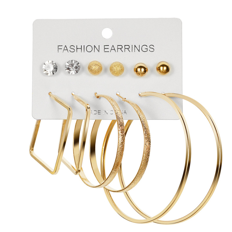New Metal Hoop Earrings Set 6 Pieces Vintage Pearl Diamond Hoop Earrings European and American High-end Earrings with a Sense of Sophistication