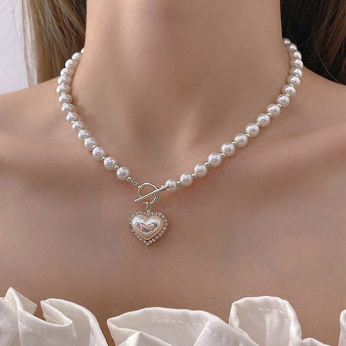 Pearl Necklace for Women Fashion Trendy OT Buckle Heart Pendant Collarbone Chain Internet Celebrity Accessories Minimalist Style Sweater Collarbone Chain