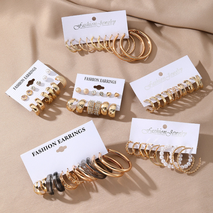 European and American Cross-Border Artistic Retro Geometric Hammered Pattern Earrings 6-Piece Set Creative Heart-Shaped Diamond-Studded Stud Earrings Metal Earrings