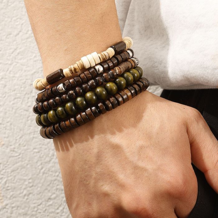 New Wooden Bead Alloy Leaf Cactus Bracelet Set Simple Retro Handmade Beaded Five-Piece Bracelet Set