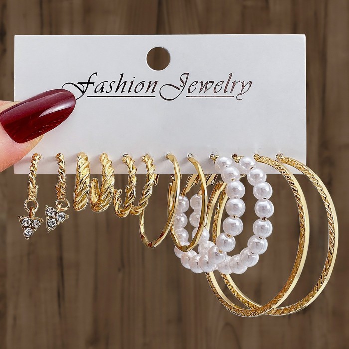 European and American Cross-Border Artistic Retro Geometric Hammered Pattern Earrings 6-Piece Set Creative Heart-Shaped Diamond-Studded Stud Earrings Metal Earrings