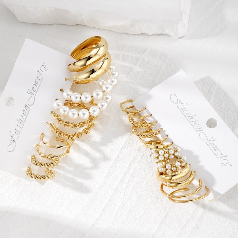 European and American Cross-Border New Retro Geometric C-Shaped Alloy Pearl Earrings Set 6 Pairs Fashionable High-End Earrings for Women