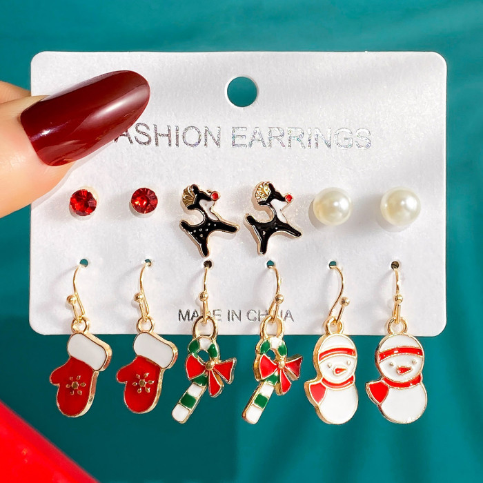 Christmas Series Snowflake Bell Earrings Set Cross-Border Cartoon Oil Drop Reindeer Santa Claus Christmas Earrings