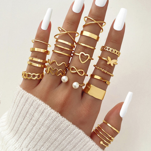 Cross-Border Electroplated Black Butterfly Inlaid Diamond Ring Mixed Batch Pearl Ring Women's Niche High-End Knuckle Ring 23-Piece Set