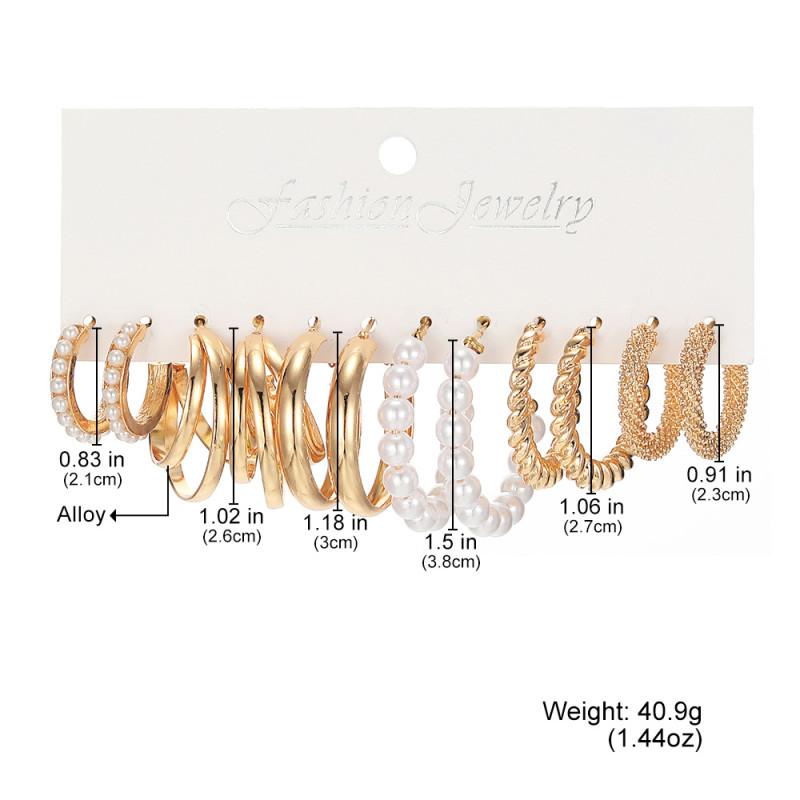 European and American Style Hoop Earrings Square Geometric Earrings Vintage Pearl Earrings Hepburn Style Earrings Women's Set 6-Piece Set