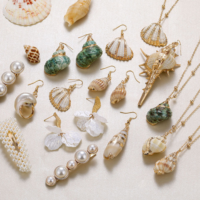 European and American Natural Beach Shell Conch Gold-Plated Earrings Bohemian Style Beach Conch Pendant Necklace Wholesale
